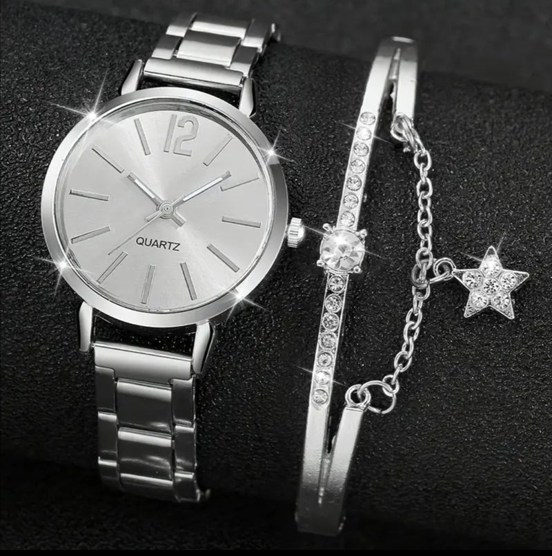 Combo 2pz reloj+pulsera esmeralda plata