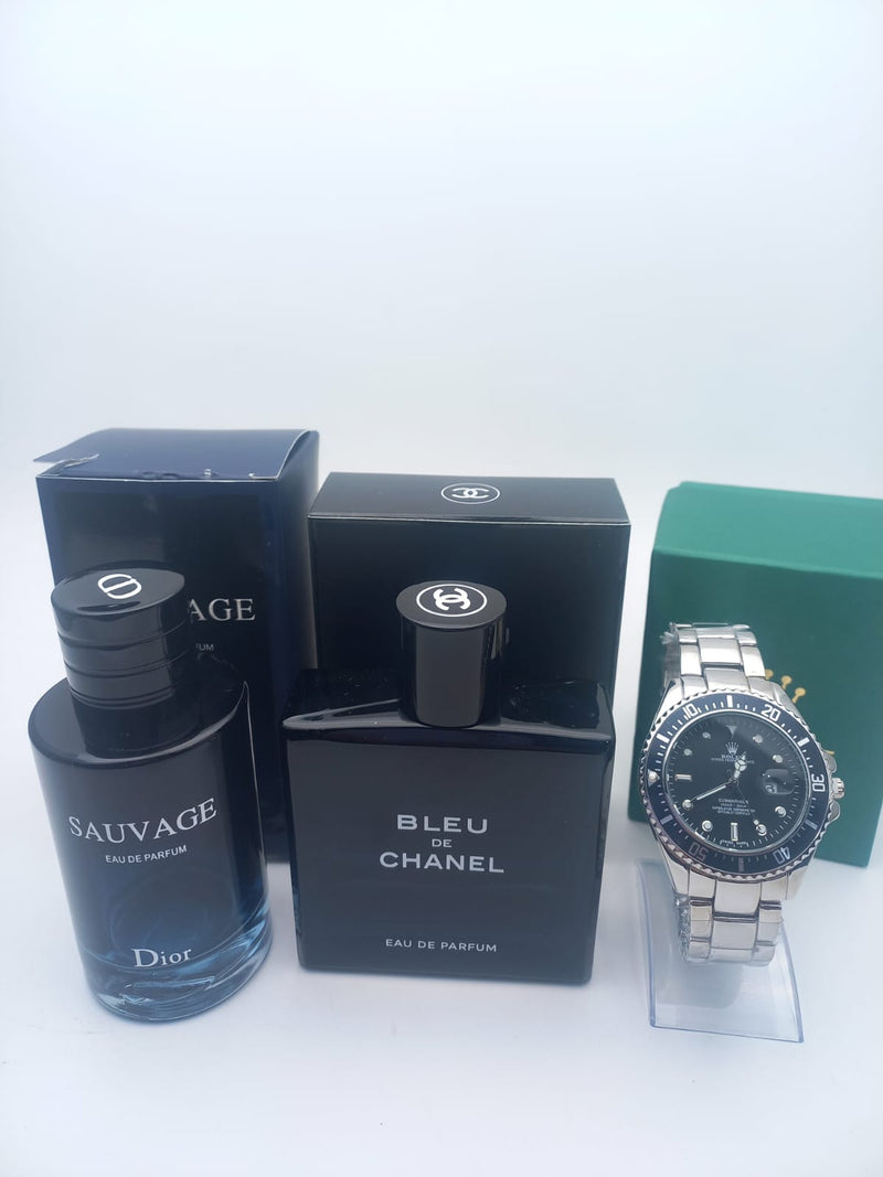 KIT PERFUMES X2 + RELOJ ROLEX PLATA NEGR